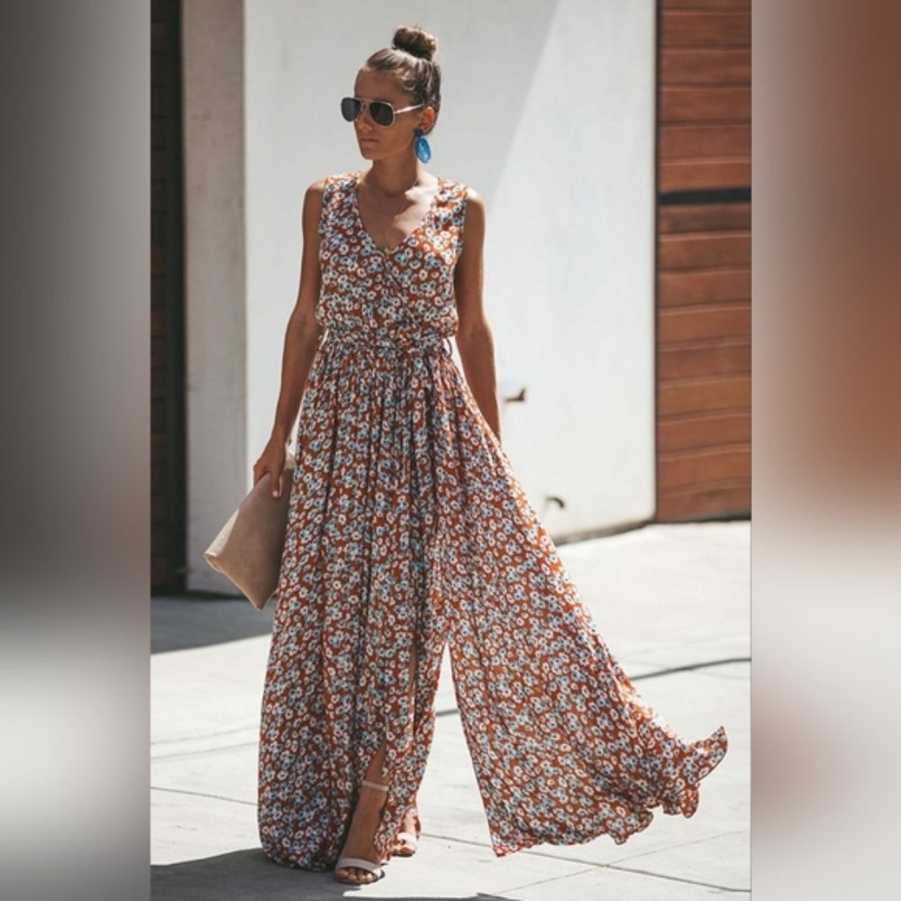 Vici Diana Floral Maxi Dress Sundress Red Flowy Cottagecore Boho Coastal Summer